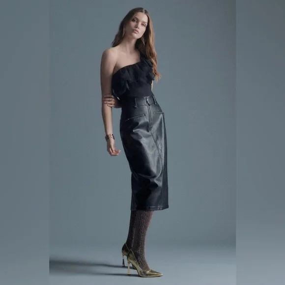 NWOT Anthropologie Pilcro Faux Leather Moto Midi Skirt 2 Pencil Vegan Punk Black - Picture 2 of 16